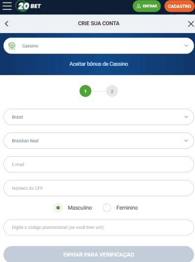 Cadastro na 20Bet Brasil