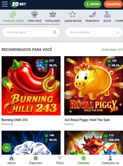 Visão geral do cassino 20Bet BR